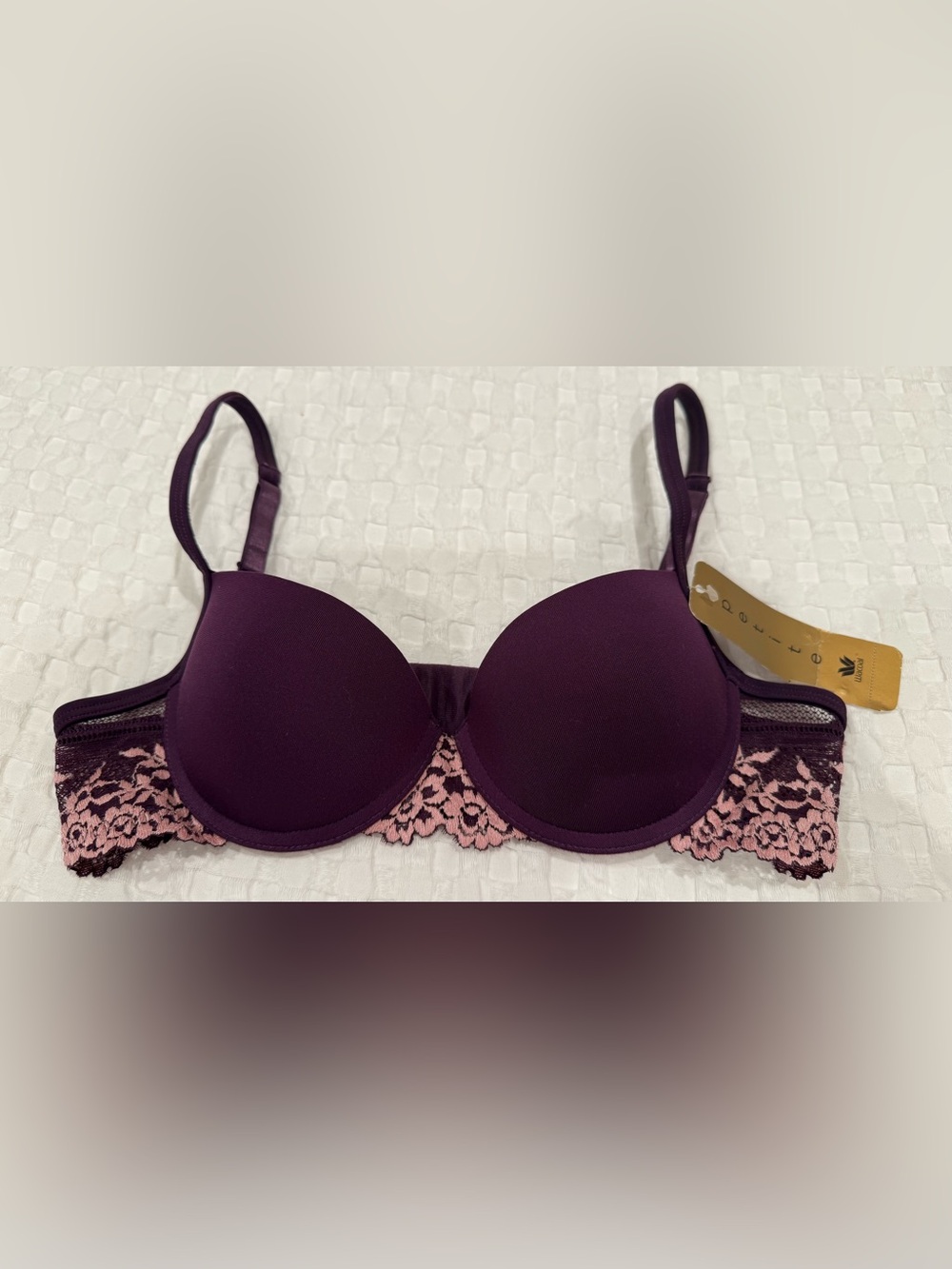 NWT Wacoal Petite Womens 32AA dark purple push-up bra pink floral lace trim